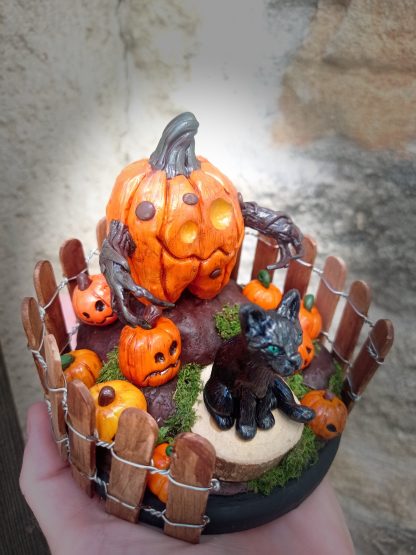 Sculpture diorama citrouille Jack'o Lantern et chat noir – Image 3