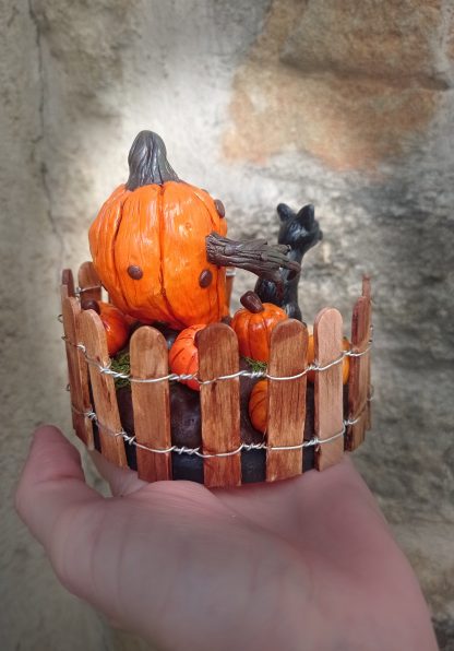 Sculpture diorama citrouille Jack'o Lantern et chat noir – Image 4