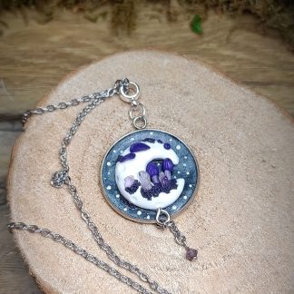 Pendentif clair de lune – champignons violets & cristaux d'améthyste